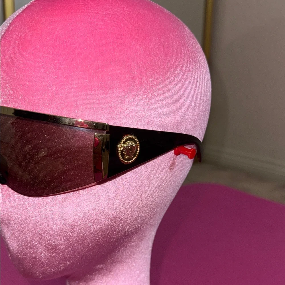 Versace Shield Sunglasses with Brown Gradient Lenses and Gold Trim - Picture 4 of 6
